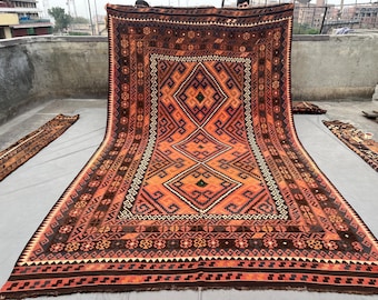 8'1x13'4 Ft Antique Afghan Kilim Rug, Teracotta Handmade Wool Rug, Turkish Style Kilim, Flat weave Tribal Area Rug, Vintage oversized Rug