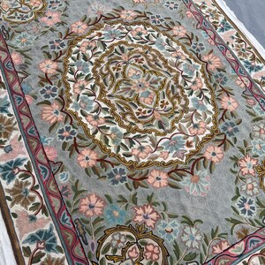 Sage Green Blush Blue 4.4x5.7 Ft Vintage Afghan Patchwork Area Rug | Handmade Floral Wall Decor Carpet