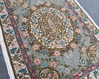 Sage Green Blush Blue 4.4x5.7 Ft Vintage Afghan Patchwork Area Rug | Handmade Floral Wall Decor Carpet