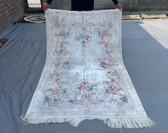 4 x 6 vintage Turkse zijden tapijt, handgeknoopt oosters tapijt, zacht pool bloemdessin, luxe vloerkleed woondecoratie, Kaukasisch medaillon tapijt
