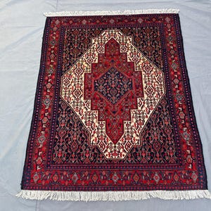 1940s Antique Turkish-Inspired Caucasian Rug | 4x5 ft | Red Blue Geometric Pattern | Rare Wool Carpet | Home Decor Rug | Wool Floor Rug