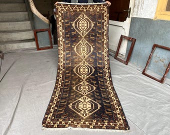 3x7 Vintage Afghan Baluchi Runner Rug | Hand-Knotted Wool, Deep Red and Black Tribal Carpet, Soft Pile Nomadic Hallway Rug | Entryway rug