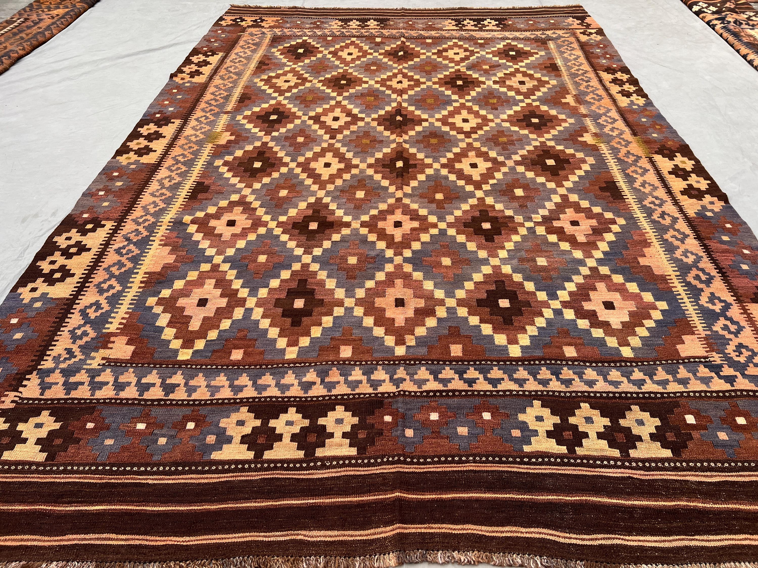 7 X11 Vintage Afghan Kilim Rug, Handmade Wool Flat Weave, Brown 7 X11 Vintage Afghan Kilim Rug, Handmade Wool Flat Weave, Brown