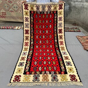 4x7 Vintage Turkish Kilim Rug | Flatweave Wool Red Boho Carpet | Handwoven Anatolian Tribal Rug | Colorful Living Room Decor, Kitchen rug