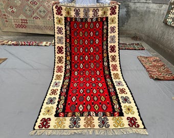 100x200 Vintage türkischer Kelim Teppich | Flachgewebe Wolle Rot Boho Teppich | Handgewebter anatolischer Stammes-Teppich | Farbenfrohe Wohnzimmer Dekoration, Küchenteppich