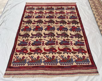 4'6x6'2 Vintage Afghan Baluch War Rug Tribal High-Quality Wool Pictorial Rug Collectors Piece Wall Hanging or Area Rug Tank Motif war rug