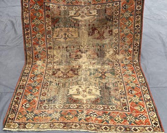 4x5 ft Vintage Afghan Hand-Knotted Rug | Faded Distressed Wool Carpet, Tribal Geometric Pattern, Boho Farmhouse Area Rug, entry Decor