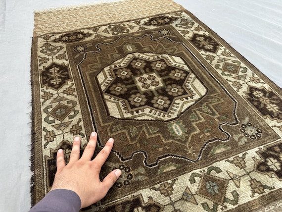 3 x 5 Vintage Tribal Rug, Hand Knotted Wool Carpet, Brown and Cream Geometric Medallion, Rustic Oriental Area Rug Kids room rug, Laundry rug