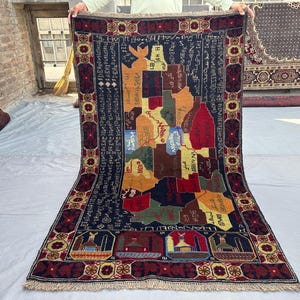 Alfombra afgana vintage con mapa baluchi de 1,08 m x 1,83 m, alfombra tribal de lana anudada a mano con ilustraciones, tapiz étnico, arte popular nómada, decoración del hogar
