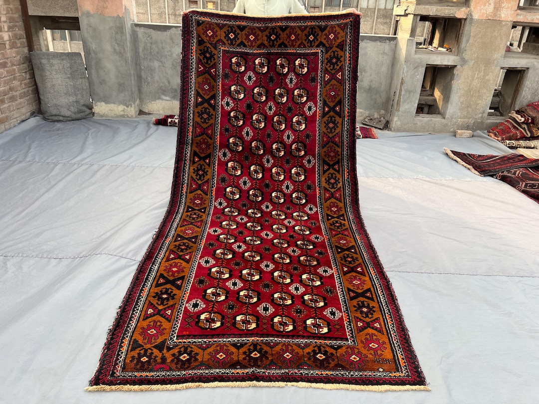 Red Vintage Turkmen Bukhara Runner Rug | 4'4x9'7 Hand-knotted Wool ...