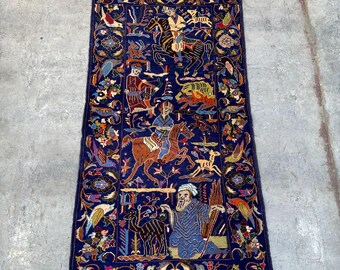 4x7 アフガニスタン バルーチ絵画ラグ - 遊牧民の芸術ラグ 壁掛け