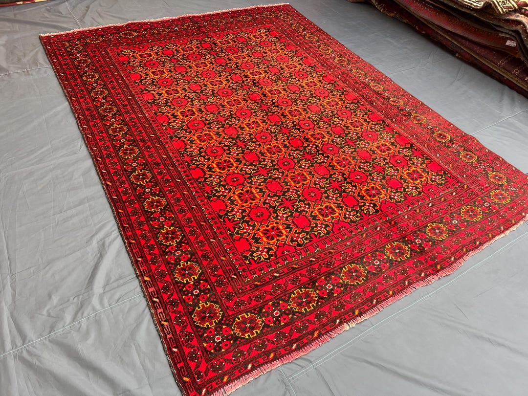 Waziri Rug 7x9 Red Vintage Afghan Turkoman Waziri Rug, Tribal Geometric Wool ...