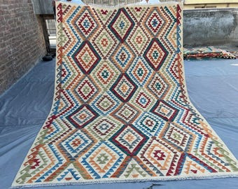 7x10 Afghan Handwoven Kilim Rug, Turkmen Flat-Weave Carpet, Colorful Large Area Rug, Luxury Handmade Wool Geometric Tribal, bedroom rug