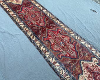 Vintage Turkish Caucasian Runner – Red Burgundy Cream Navy Brown Rust Orange Blue Geometric Wool Carpet, Hallway Rug, Entryway Oriental Rug