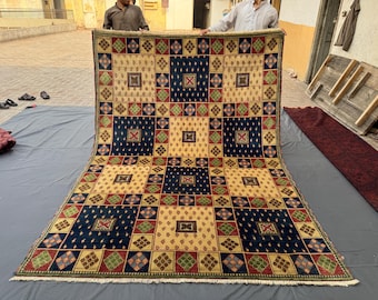 6x9 Rare Afghan Geometric Patchwork Rug, Vintage Hand Knotted Tribal Wool Carpet, Oriental Farmhouse Floor Art Rug, Living Room Rug Decor