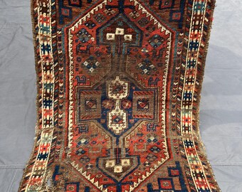 2'9 x 4 ft antique hand knotted kazak rug | 1900s faded low pile distressed rug turkish inspired rare tribal rug, Faded geometric carpet
