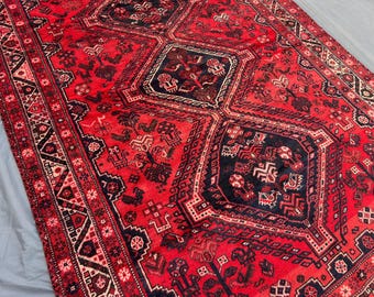 6x8 Red Antique Tribal Wool Rug, Turkish Inspired Geometric Medallion Carpet, Rare Caucasian Style Handmade Area Rug, 1920s Living Room Rug