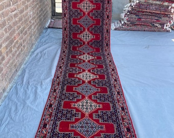 3x12 Turkmen BUkhara Runner Rug, Hand Knotted Red Faded Red Wool Rug, Geometric Hallway Carpet, Rare Vintage Runner Rug, 12 ft long Runner