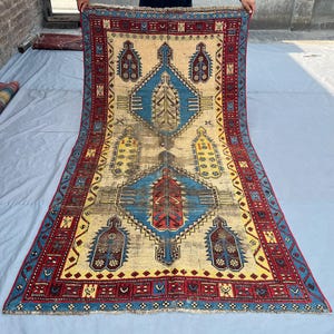 4&#39;2 x 7 ft Semi Antique 1800s Turkish Rug, Hand Knotted Caucasian Style Rug, Distressed Faded Oriental Carpet, Unique Low Pile Vintage Decor