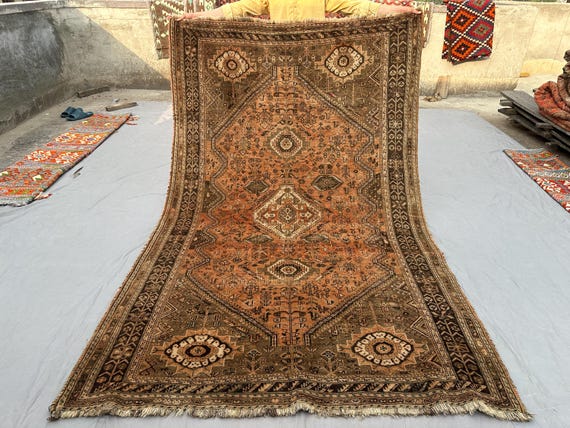 6x9 Bukhara Rug | Antique Turkmen Wool Rug | Terracotta Geometric Carpet | Hand Knotted Afghan Rug | Living Room Rug, Oriental Area Decor