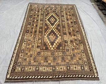 7x11 Afghan Flat Weave Rug, Teracotta vintage Kilim, Handwoven Wool Rug, Geometric Tribal Pattern, Boho Living Room Carpet, bedroom rug