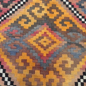May include: Close-up of a woven rug with a geometric pattern. The rug features a central diamond design in shades of yellow, orange, and red, surrounded by repeating shapes in brown, blue, and black. The edges have a black and white checkered pattern.