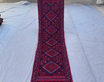 1'10x7'6 Vintage Afghan Baluch Runner Rug | Tribal Mishwani Runner Hallway rug | Hand woven Wool Carpet for Rustic Deco, Turkmen Runner