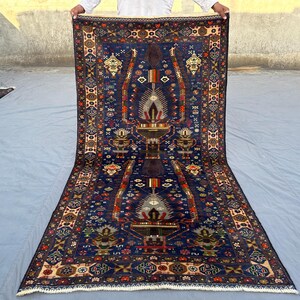 4x7 Antique Afghan Baluchi Rug , Hand-Knotted Floral Pot Design Zakani, High-Quality Geometric Wool Area Rug | Vintage Carpet, Kitchen Rug