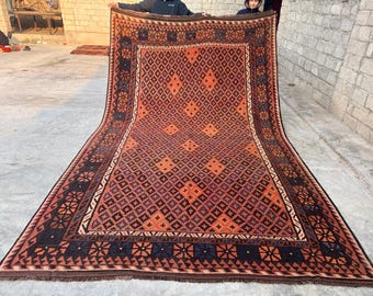 8'1 x 13'6 ft Oversized Vintage Afghan Handmade Kilim Rug, Flat Weave Geometric Carpet, Large Oriental Tribal Bohemian Area Rug, Bedroom Rug