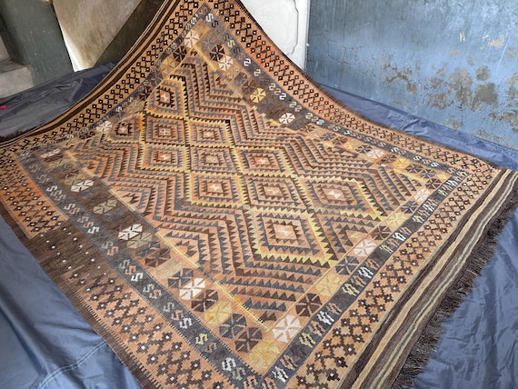 Vintage Afghan Kilim Rug, 7x9 Turkmen Flat Weave Rug, Tribal Geometric Carpet, Turkish Style Wool Area Rug, Handmade Wool Bedroom Rug Decor