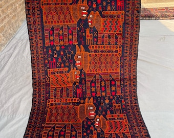 Vintage Afghan Baluch Pictorial Rug | Animal Hunting Carpet | Hand-Knotted Wall Hanging Rug, Tribal Wool Decor, Kids Room rug 3x5 yei rug