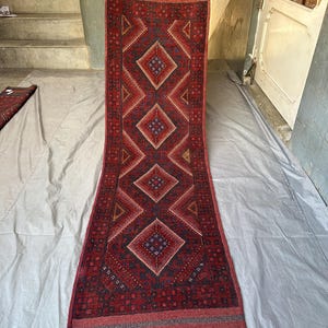 2&#39;1x7&#39;6 ft Vintage Afghan Baluch Runner Rug | Tribal Mishwani Hand-Woven Wool Carpet | Geometric Hallway Rug | Bohemian Handmade Wool Runner