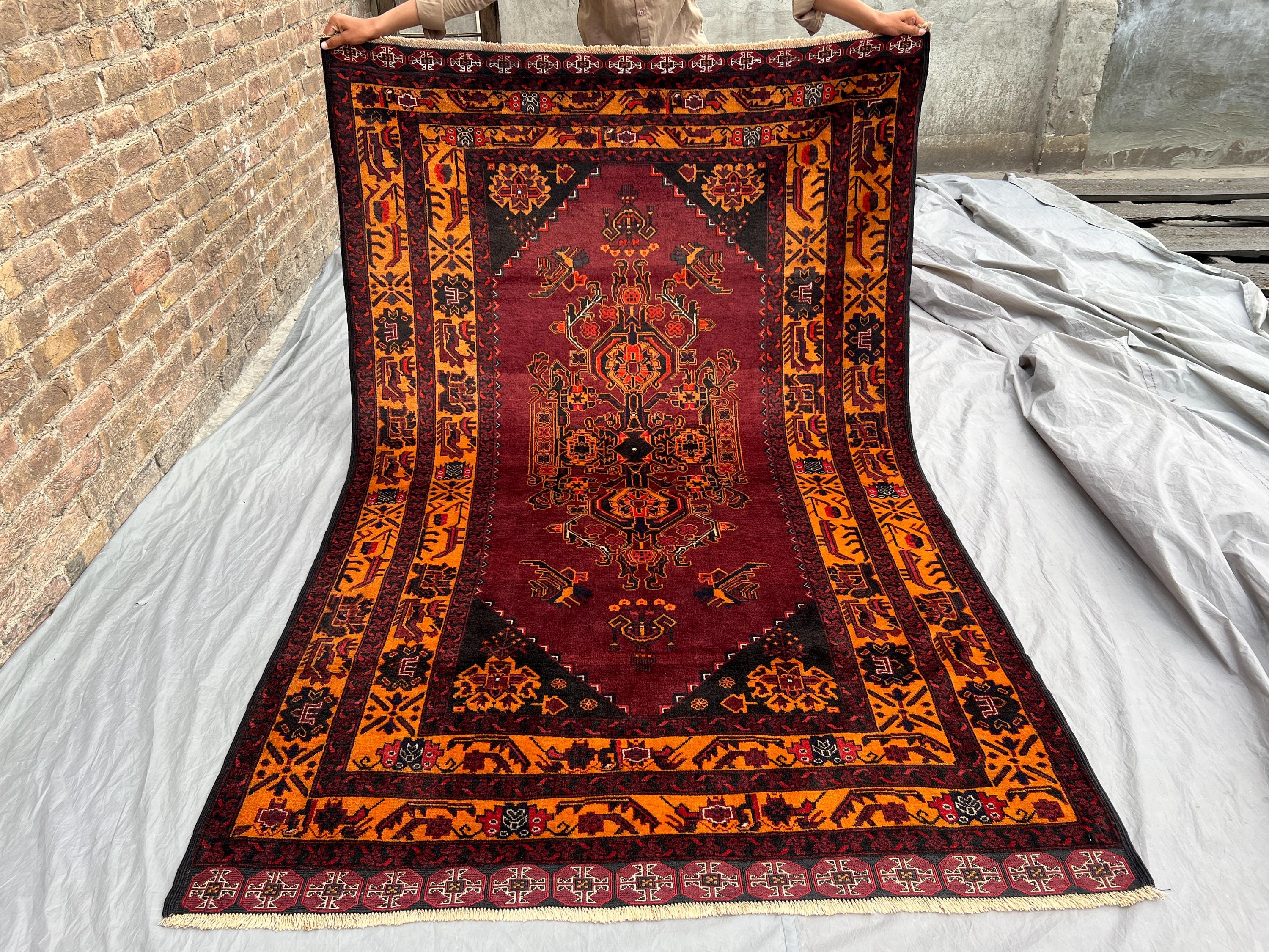 1960s Antique Rug 5x8 Red Orange Afghan Handmade Rug, Turkmen