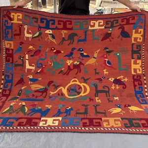 Rust Red Uzbek Suzani 5.1x6 ft Hand Embroidered Wall Hanging Vintage Animal Motif Textile Afghan Flat Weave Area Rug Folk Art Decor