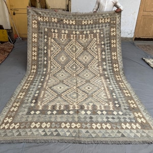 7x10 Afghan Handwoven Kilim Rug, Turkmen Flat-Weave Carpet, Grey Large Area Rug, Luxury Handmade Wool Geometric Tribal Living Room Rug
