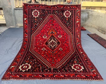 7x10 Red Black Ivory Antique Tribal Rug, Turkish Caucasian Medallion Rug, Soft Hand Knotted Oriental Area Carpet, Nomadic Decor, Bedroom Rug