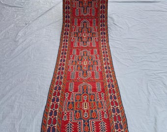 Vintage Sumak Kilim Runner Rug, Handwoven Wool, Red and Blue Design, 2'2 x 9'2 ft, Perfect for Hallway, Kitchen Rug