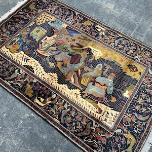 Antique Afghan Baluch Tribal Pictorial Art Rug 4.3x6.8 ft Handmade Vintage Nomadic Decor, Wall hanging rug, One Of A kind Rug Bedroom rug