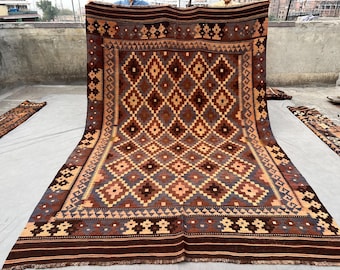 7 X11 Vintage Afghan Kilim Rug, Handmade Wool Flat Weave, Brown