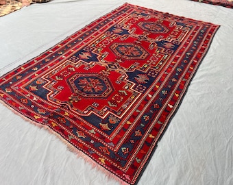 Alfombra afgana vintage de 5x8 pies, anudada a mano, de lana suave, diseño tribal caucásico Kazak, patrón geométrico poco común, alfombra de lana tradicional, alfombra para dormitorio.