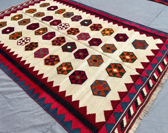 Antiker türkischer Kelim-Teppich (5 x 8 Fuß), Vintage-Flachgewebe im Tribal-Stil, geometrischer Wollteppich | Turkmenischer Teppich im Boho-Stil | Wohnzimmer- und Schlafzimmerteppich