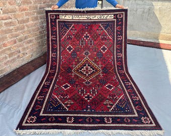 Collector's Piece Antique Turkish Rug | 4x7 Handmade Wool Art Carpet | Caucasian Style Tribal Geometric Pattern | Rare Vintage Kitchen Rug