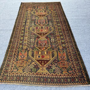Vintage 3.4x6.7 ft Afghan Baluch Rug - Hand-Knotted Wool Carpet with Pictorial Floral Pot Design, Perfect for Boho or Traditional Decor 4x7