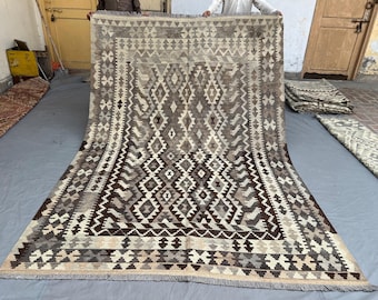 7' x 9' Modern Afghan Flat-Weave Kilim Rug, Brown, Beige, and Cream, Turkish Style Kilim, Geometric Handwoven Wool Rustic Decor, Vintage Rug