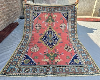 5x6 Antique Caucasian Rug, Animal Design, Hand-Knotted Wool Carpet, Pinkish Floral Motifs, Vintage Decor, Pictorial rug Tree of life Rug