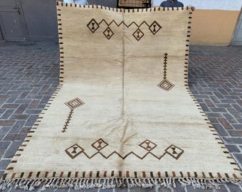 8x11 Ivoor Marokkaans tapijt, handgeknoopt zachtpolig tribaal tapijt, vintage groot vloerkleed, crèmekleurig bruin boho wollen tapijt, minimalistisch accentkleed voor in huis