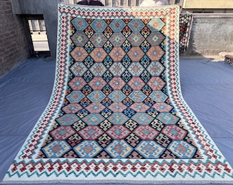 7x10 Afghan Flat Weave Rug, Colorful  vintage Style Kilim, Handwoven Wool Rug, Geometric Tribal Pattern Boho Living Room Carpet, bedroom rug
