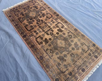 Tappeto tribale antico in lana, 1'8 x 3'7 piedi, fatto a mano, motivo geometrico, pelo morbido, arredamento vintage per la casa, tappeto decorativo boho, tappeto da lavanderia nomade