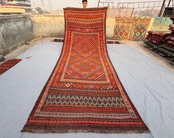 5x13 Afghan Kilim Vintage Runner Rug- 100% Wool Turkmen Geometric