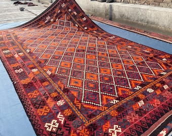 230x400 cm Antiker afghanischer Kelim-Teppich | Verblichener Terrakotta Wollteppich | Tribal Geometrische Flachgewebe Teppich, Türkischen Stil Wohnzimmer Teppich Schlafzimmer